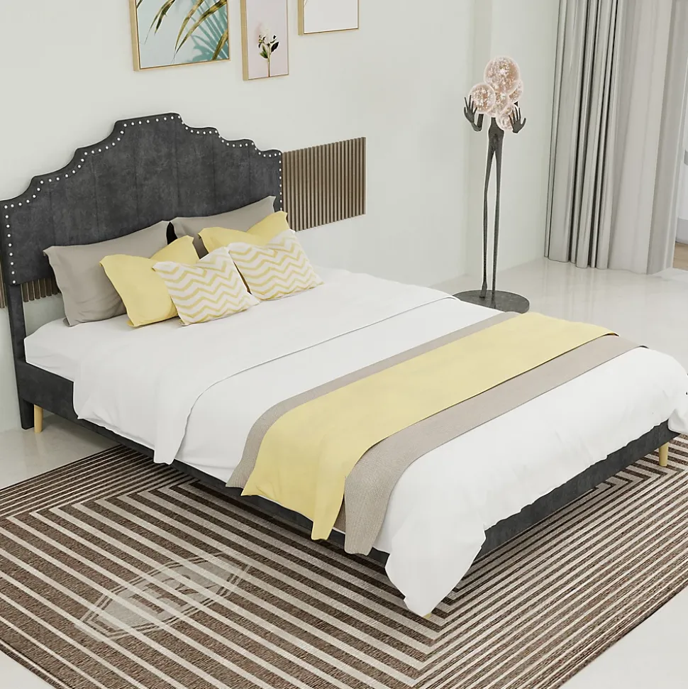 Lit Double Ado 140x200 cm - Lit Bas Capitonné, Sans Vérin et Sans Matelas, Moderne et Confortable, Tissu Gris