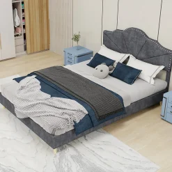 Lit Double Ado 140x200 cm - Lit Capitonné Bas Moderne et Confortable, Sans Vérin, Sans Matelas, Tissu Gris