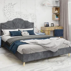 Lit Double Ado 140x200 cm - Lit Capitonné Bas Moderne et Confortable, Sans Vérin, Sans Matelas, Tissu Gris