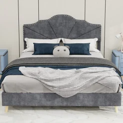 Lit Double Ado 140x200 cm - Lit Capitonné Bas Moderne et Confortable, Sans Vérin, Sans Matelas, Tissu Gris