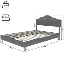 Lit Double Ado 140x200 cm - Lit Capitonné Bas Moderne et Confortable, Sans Vérin, Sans Matelas, Tissu Gris