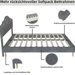 Lit Double Ado 140x200 cm - Lit Capitonné Bas Moderne et Confortable, Sans Vérin, Sans Matelas, Tissu Gris