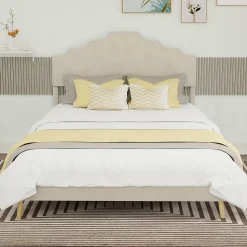 Lit Double Ado 140x200 cm - Tête de Lit Confortable et Style Moderne, Structure Composite en Tissu et Métal, sans Matelas, Beige