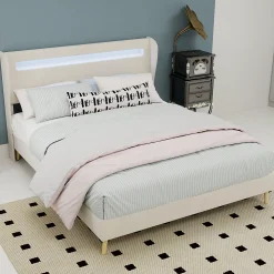 Lit Double Ado 140x200 cm - Tête de Lit Éclairage LED Doux, Structure Composite Stable en Tissu et Métal, sans Matelas, Beige