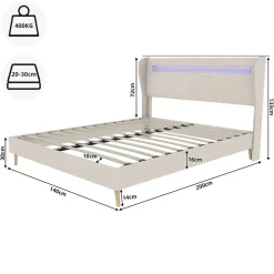 Lit Double Ado 140x200 cm - Tête de Lit Éclairage LED Doux, Structure Composite Stable en Tissu et Métal, sans Matelas, Beige