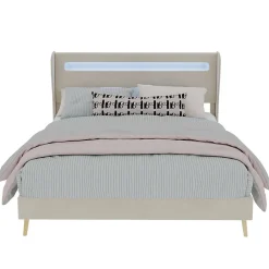 Lit Double Ado 140x200 cm - Tête de Lit Éclairage LED Doux, Structure Composite Stable en Tissu et Métal, sans Matelas, Beige