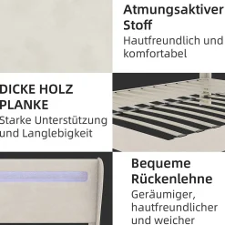 Lit Double Ado 140x200 cm - Tête de Lit Éclairage LED Doux, Structure Composite Stable en Tissu et Métal, sans Matelas, Beige