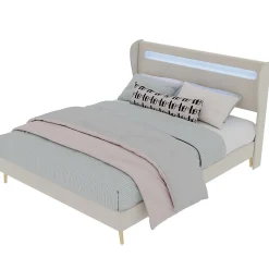 Lit Double Ado 140x200 cm - Tête de Lit Éclairage LED Doux, Structure Composite Stable en Tissu et Métal, sans Matelas, Beige