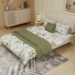 Lit Double Adulte 160x200 cm - Lit Bas Capitonné Moderne et Confortable, Sans Vérin, Sans Matelas, Tissu Beige