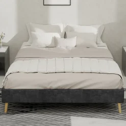 Lit Double Adulte/Ado 140x200 cm, avec Cadre Bas Moderne et Stable, Design Minimaliste en Velours Hollandais Gris, Sans Matelas