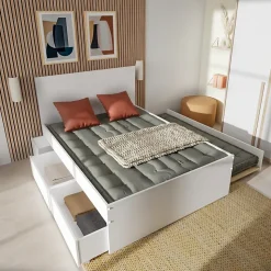 Lit double ALPHA 140x190 + 2 tiroirs + tiroir lit 90x190 avec sommier + chevet / Blanc