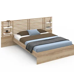 Lit double AMALIA avec tête de lit, étagères suspendues et sommier 140 x 190 cm hêtre et blanc