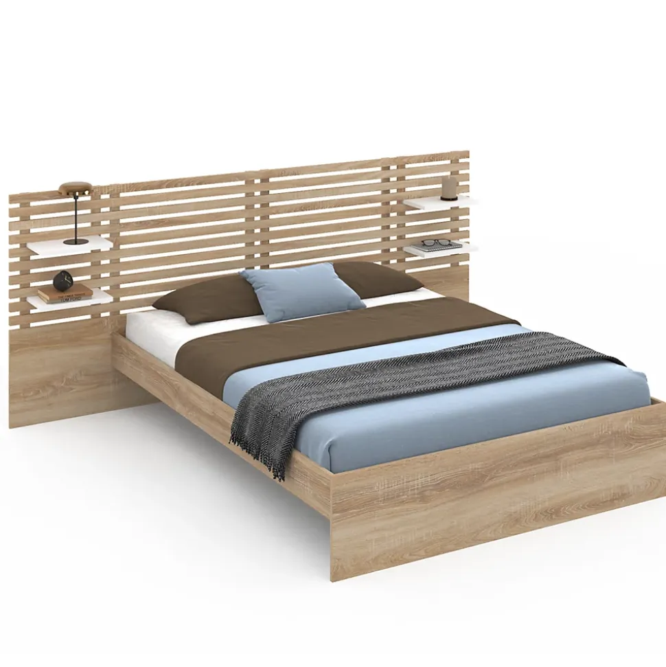 Lit double AMALIA avec tête de lit, étagères suspendues et sommier 140 x 190 cm hêtre et blanc