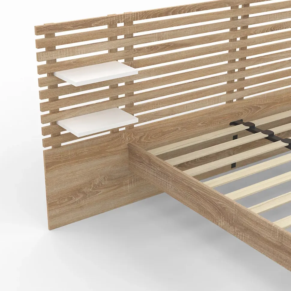 Lit double AMALIA avec tête de lit, étagères suspendues et sommier 140 x 190 cm hêtre et blanc