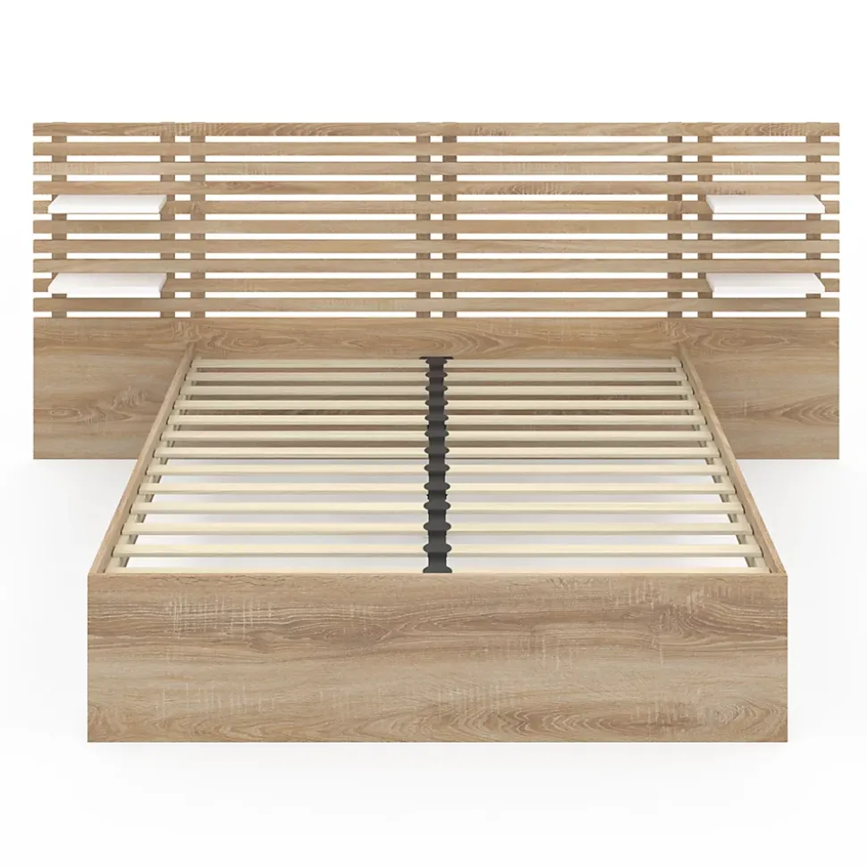 Lit double AMALIA avec tête de lit, étagères suspendues et sommier 140 x 190 cm hêtre et blanc