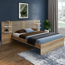 Lit double AMALIA avec tête de lit, étagères suspendues et sommier 140 x 190 cm hêtre et blanc