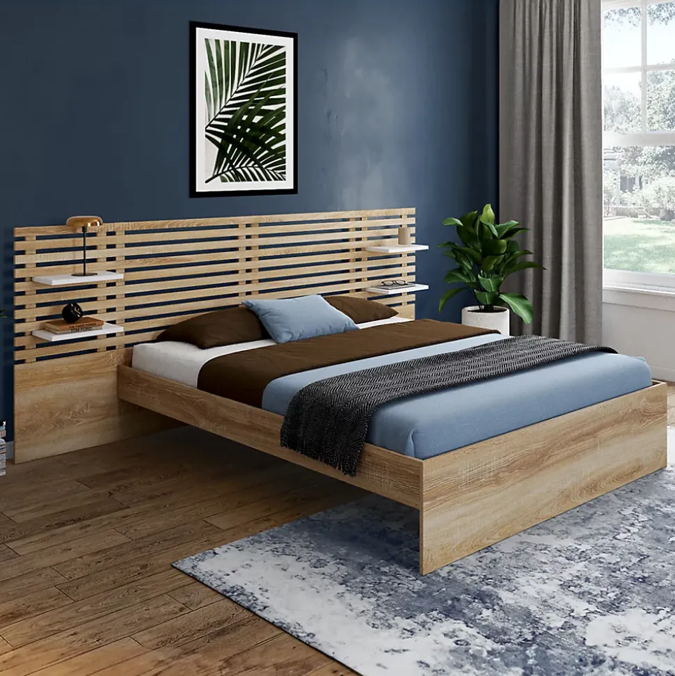 Lit double AMALIA avec tête de lit, étagères suspendues et sommier 140 x 190 cm hêtre et blanc