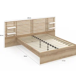 Lit double AMALIA avec tête de lit, étagères suspendues et sommier 140 x 190 cm hêtre et blanc