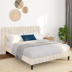 Lit double ANNIE avec tête de lit et sommier 140 x 190 cm velours beige