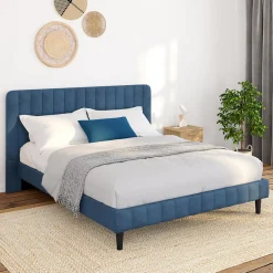 Lit double ANNIE avec tête de lit et sommier 140 x 190 cm velours bleu