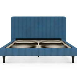 Lit double ANNIE avec tête de lit et sommier 140 x 190 cm velours bleu
