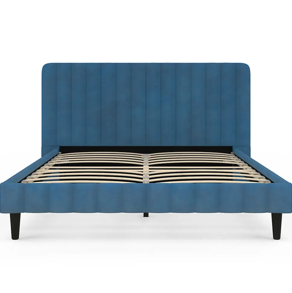 Lit double ANNIE avec tête de lit et sommier 140 x 190 cm velours bleu
