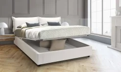 Lit double Arry, lit coffre en éco-cuir, ouverture frontale, matelas 140x200 cm inclus, 100% Made in Italy, Blanc