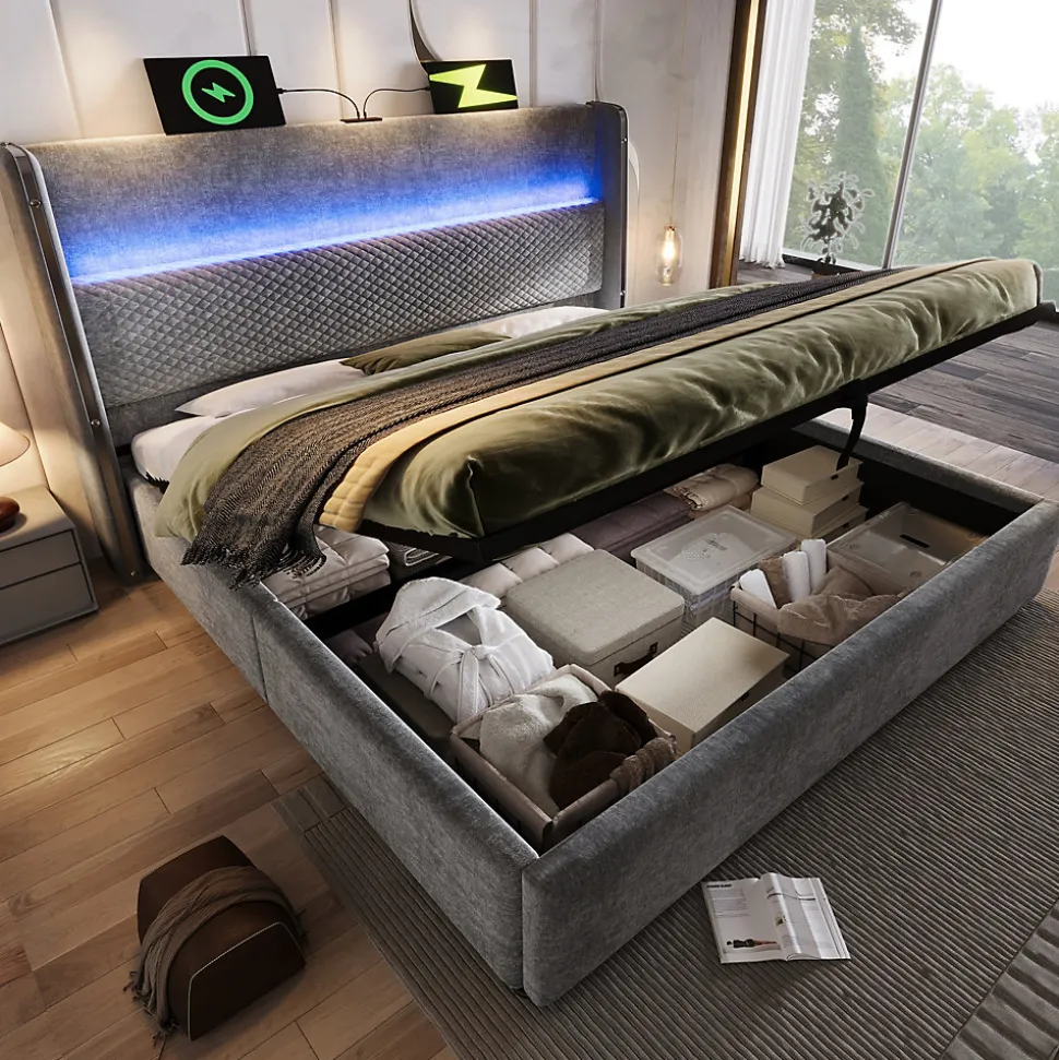 Lit double avec éclairage LED,ports USB/Type-C,haute tête de lit,cadre de lit coffre hydraulique 140x200 cm,lin,gris