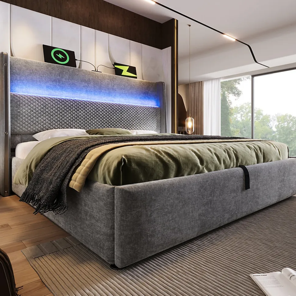 Lit double avec éclairage LED,ports USB/Type-C,haute tête de lit,cadre de lit coffre hydraulique 140x200 cm,lin,gris
