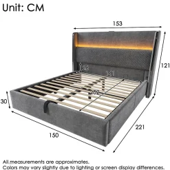 Lit double avec éclairage LED,ports USB/Type-C,haute tête de lit,cadre de lit coffre hydraulique 140x200 cm,lin,gris