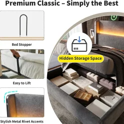 Lit double avec éclairage LED,ports USB/Type-C,haute tête de lit,cadre de lit coffre hydraulique 140x200 cm,lin,gris