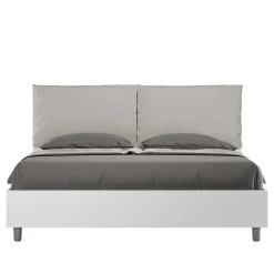 Lit double avec rangement, double relevable, 160x200 cm, bois de frêne blanc, coussins simili cuir gris tourterelle, Egos Antea