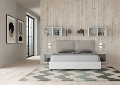 Lit double avec rangement, double relevable, 160x200 cm, bois de frêne blanc, coussins simili cuir gris tourterelle, Egos Antea