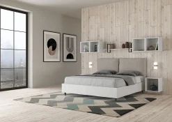 Lit double avec rangement, double relevable, 160x200 cm, bois de frêne blanc, coussins simili cuir gris tourterelle, Egos Antea