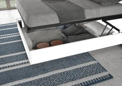 Lit double avec rangement, double relevable, 160x200 cm, bois de frêne blanc, coussins simili cuir gris tourterelle, Egos Antea