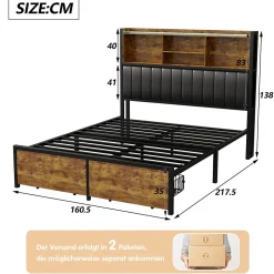 Lit double avec tiroirs 140x200 cm, lit coffre avec éclairage LED et USB, tête de lit avec rangements, 2 tiroirs, marron