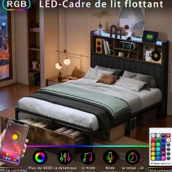 Lit double avec tiroirs 140x200 cm, lit coffre avec éclairage LED et USB, tête de lit avec rangements, 2 tiroirs, marron