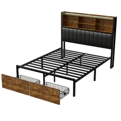 Lit double avec tiroirs 140x200 cm, lit coffre avec éclairage LED et USB, tête de lit avec rangements, 2 tiroirs, marron