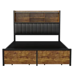 Lit double avec tiroirs 140x200 cm, lit coffre avec éclairage LED et USB, tête de lit avec rangements, 2 tiroirs, marron