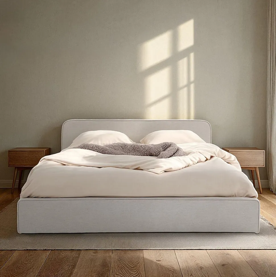 Lit double BELARTI 140 x 190 cm rembourré, revêtement en tissu - Gris clair