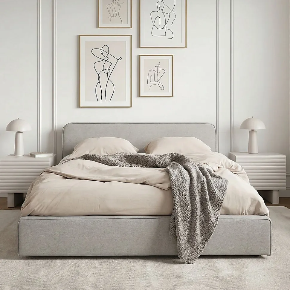 Lit double BELARTI 140 x 190 cm rembourré, revêtement en tissu - Gris clair