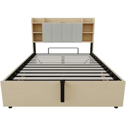 Lit double bois 140 par 200 cm avec tete de lit rangement prise USB et Type C systeme hydraulique sans matelas