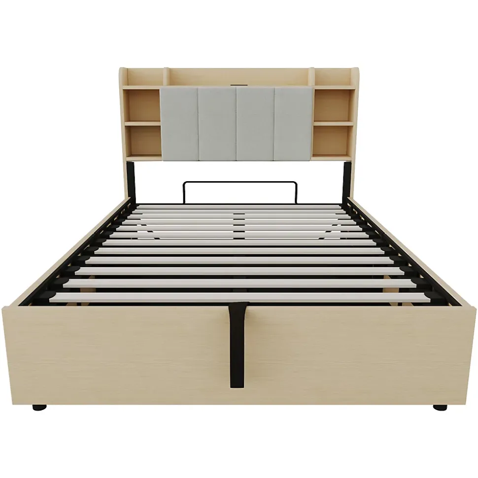 Lit double bois 140 par 200 cm avec tete de lit rangement prise USB et Type C systeme hydraulique sans matelas