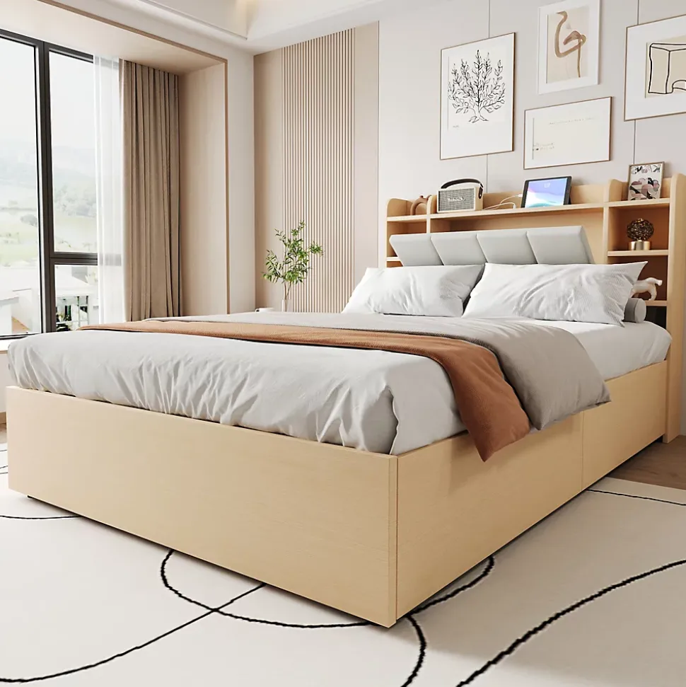 Lit double bois 140 par 200 cm avec tete de lit rangement prise USB et Type C systeme hydraulique sans matelas