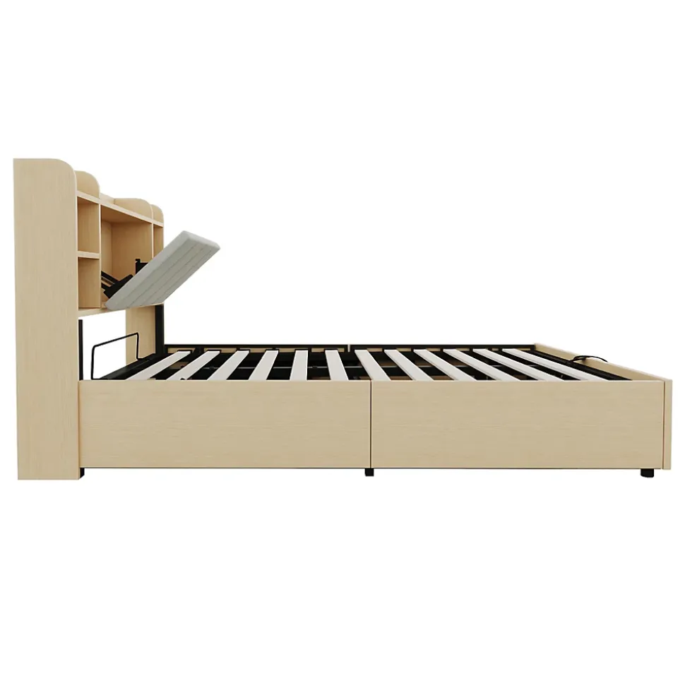 Lit double bois 140 par 200 cm avec tete de lit rangement prise USB et Type C systeme hydraulique sans matelas