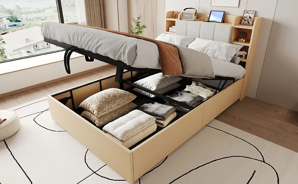 Lit double bois 140 par 200 cm avec tete de lit rangement prise USB et Type C systeme hydraulique sans matelas