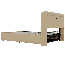 Lit double bois 140 par 200 cm avec tete de lit rangement prise USB et Type C systeme hydraulique sans matelas