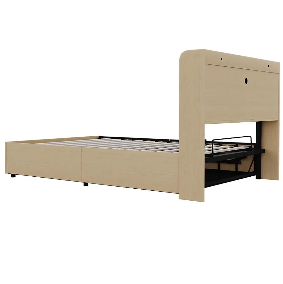Lit double bois 140 par 200 cm avec tete de lit rangement prise USB et Type C systeme hydraulique sans matelas