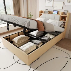 Lit double bois 140 par 200 cm avec tete de lit rangement prise USB et Type C systeme hydraulique sans matelas