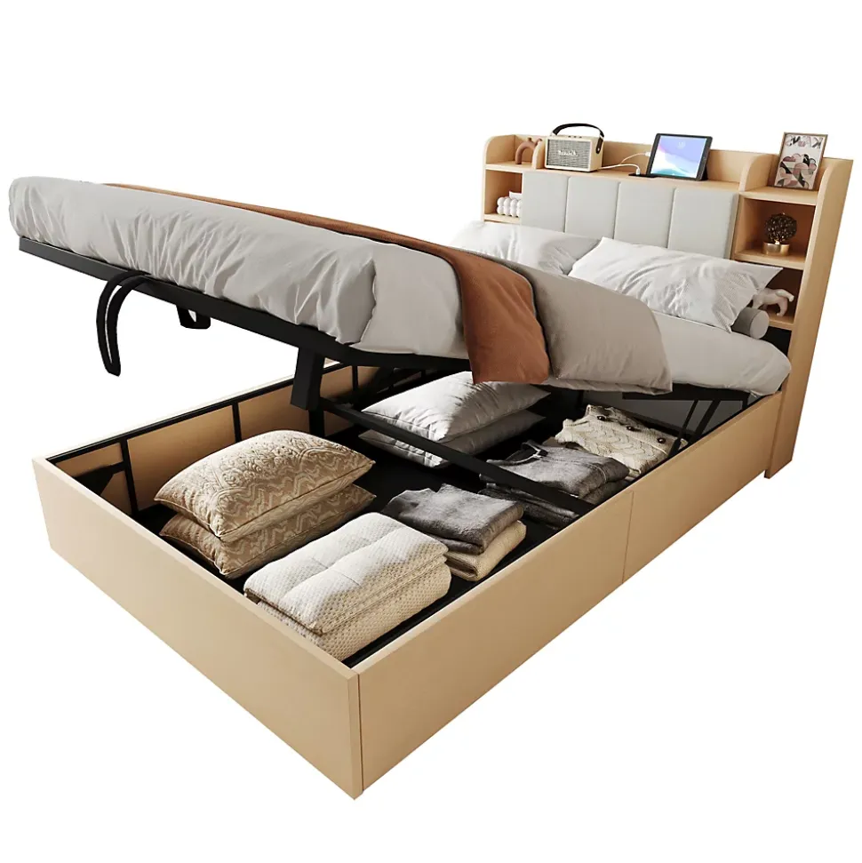 Lit double bois 140 par 200 cm avec tete de lit rangement prise USB et Type C systeme hydraulique sans matelas